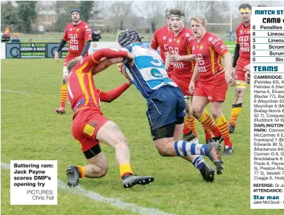  ?? PICTURES: Chris Fell ?? Battering ram: Jack Payne scores DMP’s opening try