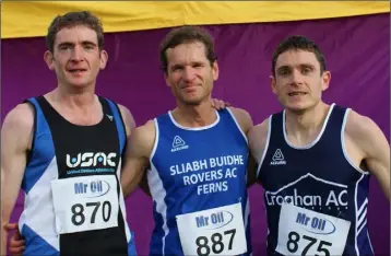  ??  ?? The first three men home (from left): John McGrath (United Striders, second), Pedro Calvo (S.B.R., first), Andrew Dowse (Croghan, third).