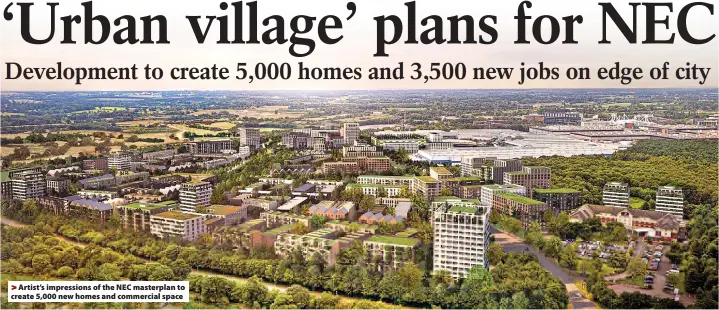  ?? ?? Artist’s impression­s of the NEC masterplan to create 5,000 new homes and commercial space