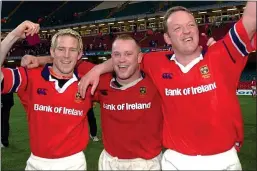  ?? ?? GLORY DAYS: Mike Prendergas­t (left) with Frankie Sheahan (centre) and Mick Galwey celebrate the Celtic League final win in Cardiff in 2003