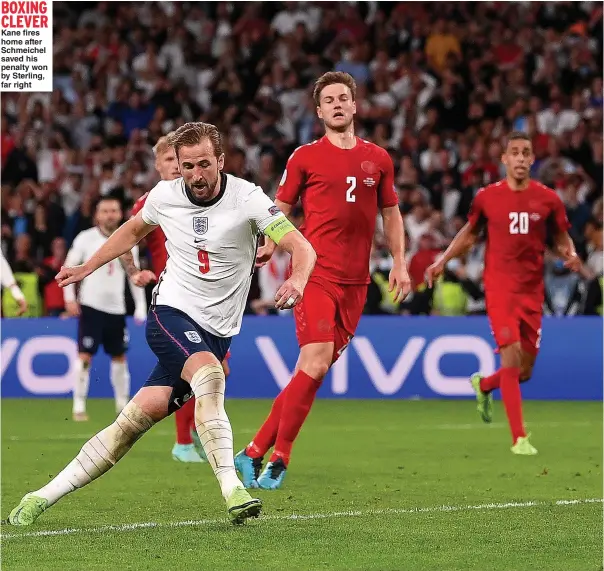  ??  ?? Kane fires home after Schmeichel saved his penalty won by Sterling, far right