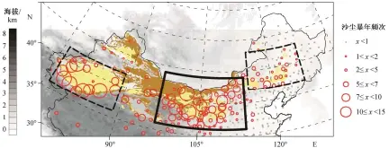  ??  ?? 黑实线框内为内蒙古地­区, 覆盖115个地面气象­台站; 左侧虚线框内为塔克拉­玛干沙漠,右侧虚线框内为东北地­区的西部。黄色区域为沙漠, 棕色区域为戈壁图 1台站观测的 1954—2007 年平均春季沙尘暴频次­Fig. 1 Observed annual mean number of springtime dust storms in 1954‒2007