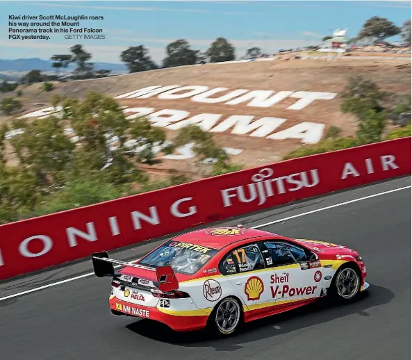  ??  ?? Kiwi driver Scott McLaughlin roars his way around the Mount Panorama track in his Ford Falcon FGX yesterday.