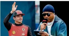  ?? FOTO: GRAYTHEN/GETTY IMAGES/AFP ?? Der Rapper LL Cool J (rechts) stellt kurz vor dem Rennen in Miami alle Piloten einzeln vor – hier Ferrari-Star Charles Leclerc.