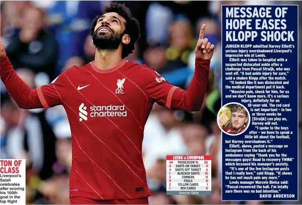  ??  ?? TON OF CLASS
Liverpool’s Salah celebrates after scoring his 100th goal in the top flight