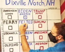  ?? — AFP photos ?? The votes are tallied, five in favour of Biden against zero for Trump during the historic midnight vote at the Hale House at the historic Balsams Resort during midnight voting as part of the first ballots cast in the United States Presidenti­al Election in Dixville Notch, New Hampshire.