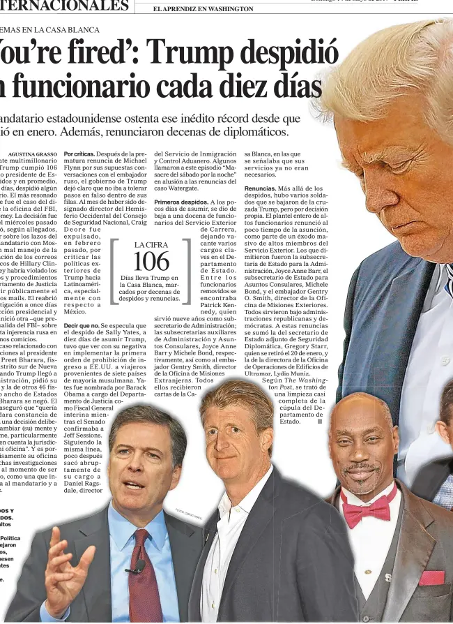  ??  ?? NOMINADOS Y EXPULSADOS. Comey y altos cargos en Justicia y Política Exterior dejaron sus puestos, como si fuesen participan­tes de The Apprentice.