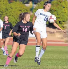  ?? GREG SORBER/JOURNAL ?? Bosque School’s Maya Montoya (19) and Sandia Prep’s Kennedy Huslig (14) vie for the ball during their teams’ match Thursday. Bosque prevailed 2-1.