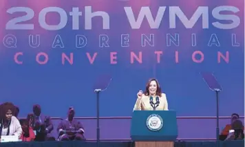  ?? JOE BURBANK/ORLANDO SENTINEL ?? Vice President Kamala Harris delivers remarks at the 20th Quadrennia­l Convention of the Women’s Missionary Society of the African Methodist Episcopal Church on Tuesday in Orlando.