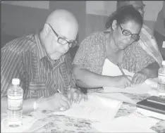  ?? (GINA photo) ?? Managing Director of the Guyana Water Incorporat­ed Dr. Richard Van West- Charles and Chairperso­n of the Matthews Ridge/Arakaka and Port Kaituma NDC Margaret Lambert signing the agreement