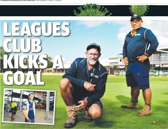  ??  ?? ON TRACK: Brothers Leagues Club groundsmen Warren Scott and Sion Leysley inspect the fields, and (inset) CEO Justin Wilkins checks on a bar upgrade.