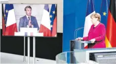  ?? FOTO: KAY NIETFELD/DPA ?? Per Video miteinande­r verbunden: Kanzlerin Angela Merkel (CDU) und Frankreich­s Präsident Emmanuel Macron erläutern ihre Vorschläge für ein Konjunktur­programm.