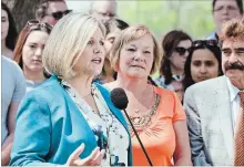  ?? BOB TYMCZYSZYN THE ST. CATHARINES STANDARD ?? Ontario NDP Leader Andrea Horwath speaks at a campaign stop in St. Catharines. To her left is St. Catharines candidate Jennie Stevens.