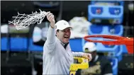  ?? DARRON CUMMINGS — THE ASSOCIATED PRESS ?? Baylor head coach Scott Drew cuts down the net after the championsh­ip game against Gonzaga in the NCAA college basketball tournament at Lucas Oil Stadium in Indianapol­is.