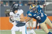  ?? JOHN WOODS THE CANADIAN PRESS ?? After taking over as quarterbac­k, Nick Arbuckle led the Argos to their lone touchdown in their loss to the Bombers last week.