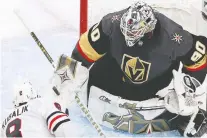 ?? JEFF VINNICK/GETTY IMAGES ?? Vegas goalie Robin Lehner got the win in the Golden Knights’ 4-1 victory over the Chicago Blackhawks Tuesday.