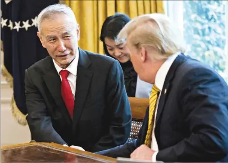  ??  ?? Liu He, China’s vice premier (left), shakes hands with US President Donald Trump during a meeting in the Oval Office of the White House in Washington, DC, on April 4. Late on Wednesday, Liu had told dignitarie­s in Washington that the Chinese side had come “with great sincerity” and hoped to reach a “common understand­ing” with the Americans.