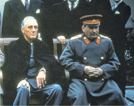  ?? PHOTOS: ROBYN DIXON/ WASHINGTON POST, HULTON ARCHIVE/GETTY IMAGES ?? The big three:
Winston Churchill, Franklin D Roosevelt and Joseph Stalin at the Yalta Conference in February 1945. Inset: Galina BrokBeltso­va, the last surviving member of three Soviet women’s air regiments, at her home.