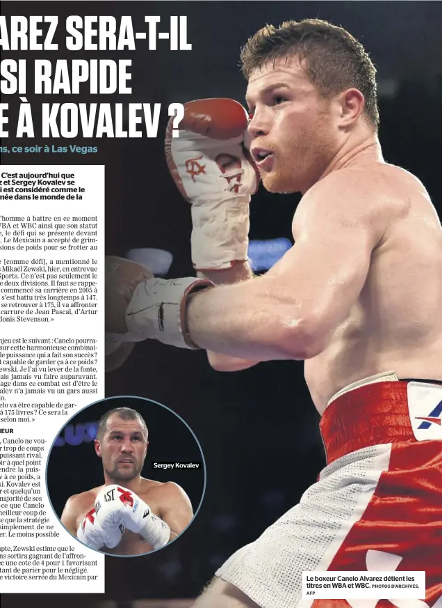  ?? AFP PHOTOS D’ARCHIVES, ?? Sergey Kovalev
Le boxeur Canelo Alvarez détient les titres en WBA et WBC.