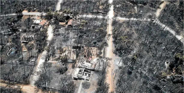  ?? AP ?? This aerial photo shows burnt houses and trees following the wildfire in Mati, east of Athens.