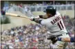  ?? JIM MONE — THE ASSOCIATED PRESS ?? Jose Ramirez follows through on an RBI single during the fourth inning Aug. 8.