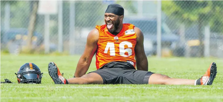  ?? ARLEN REDEKOP/PNG FILES ?? Eleven-year B.C. Lions veteran Rolly Lumbala says head coach Wally Buono taught him “to show up every day, on and off the field.”