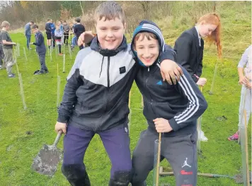  ??  ?? Planting trees at Fearns, from left, Alfie Nightingal­e and Thomas McCann