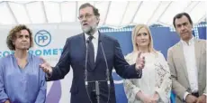  ?? — Reuters ?? Spain’s Prime Minister Mariano Rajoy speaks at a People’s Party (PP) event on violence against women after testifying in the Gurtel corruption case in Madrid on Wednesday.