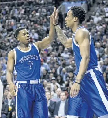  ?? CRAIG ROBERTSON/TORONTO SUN ?? Raptors Kyle Lowry, left, and DeMar DeRozan will each be making their third all-star appearance this weekend. The NBA All-Star Game is scheduled for Sunday in New Orleans.