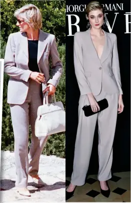  ?? ?? Tailored taupe: Diana on holiday in Sardinia in 1997, Elizabeth at Armani’s 2019 Paris Fashion week show