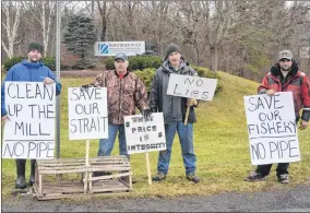  ??  ?? Fishermen protest outside Northern Pulp over plans for a replacemen­t treatment facility that will pipe effluent into the Northumber­land Strait.