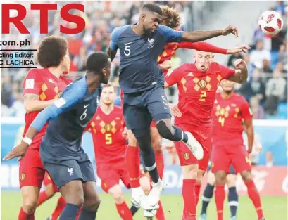  ?? (AP) ?? WINNING PLAY: France's Samuel Umtiti (5) heads the ball to score the winning goal of the game during the semifinal match between France and Belgium.