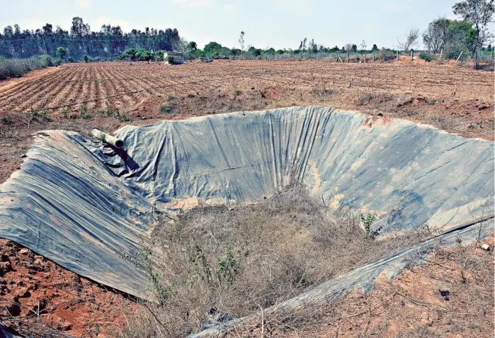  ?? BHAGYA PRAKASH K. ?? A ‘krishi honda (pond) at Bhuvanahal­li near Hoskote, which farmers have set up to collect water from borewells and ponds, and pump to agricultur­al fields. But it’s dry because of water scarcity.