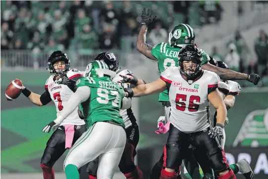  ?? THE CANADIAN PRESS ?? Ottawa and Saskatchew­an will face each other for the third time after splitting two games this season. Ottawa finished second in the east and the Riders are crossing over.