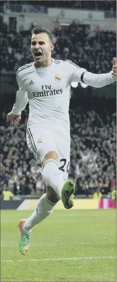  ??  ?? real Madrid’s Jese rodriguez leaps into the air at the bernabeu to celebrate scoring the second goal in the Whites’ 3–0 derby triumph over atletico Madrid in the first leg of the semi–final of the the Copa del rey last night. barcelona were facing real...