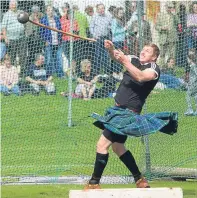  ?? Pictures: Gareth Jennings. ?? Top: Ewan McGregor with his father Jim; middle: the pipe bands parade through Crieff town centre; above left: a heavyweigh­t competitor throws the hammer; right: crowds pack into every space of ground to bag a picnic spot.