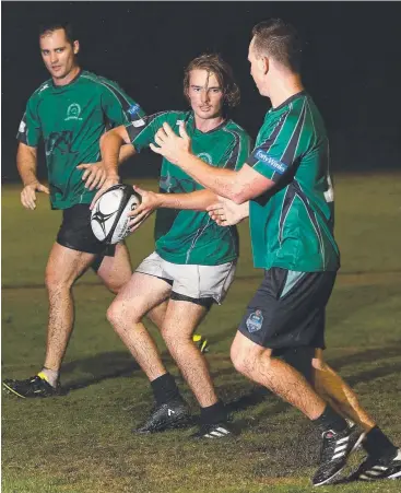  ??  ?? SHARPENING UP: Wanderers players Glen Ireland, Lachy Wilkinson and Ben Lowry at training ahead of their first FNQ Rugby game for 2017 after a bye last weekend. Picture: STEWART McLEAN