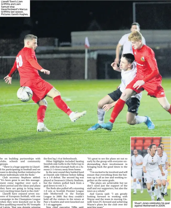  ??  ?? Llanelli Town’s Liam Griffiths and Liam Samuel stop Haverfordw­est’s Marcus Griffiths last season. Pictures: Gareth Hughes.
Stuart Jones celebrates his goal against Motherwell in 2009.