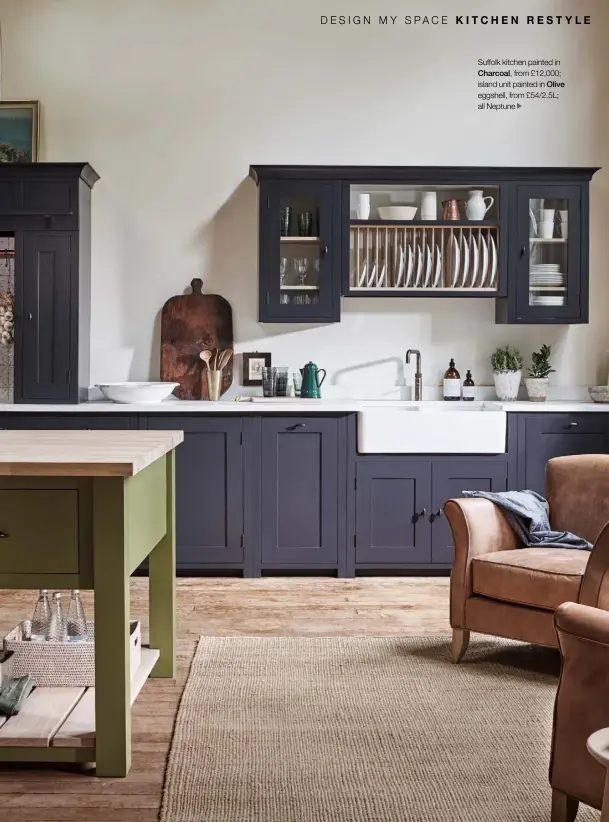  ??  ?? Suffolk kitchen painted in Charcoal, from £12,000; island unit painted in Olive eggshell, from £54/2.5L; all Neptune