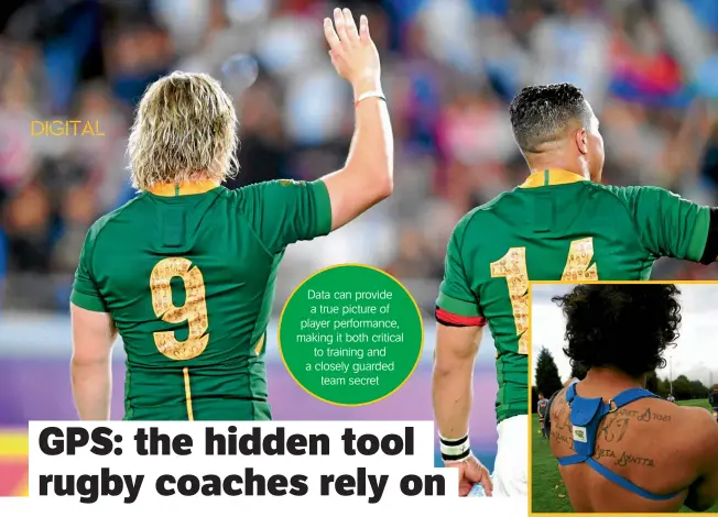  ?? Getty Images/the Asahi Shimbun Getty Images/ross Land ?? Above left: The GPS unit can be seen sewn into Faf de Klerk and Cheslin Kolbe’s jerseys
Above: The GPS pack worn with a harness
