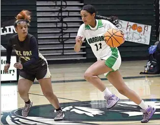  ?? PHOTO BY VICKY SHEA ?? Jaelyn Dock takes the ball down court in a pre-season contest against Del Oro. Dock had 14 points and five rebounds in the victory over South High, recently.