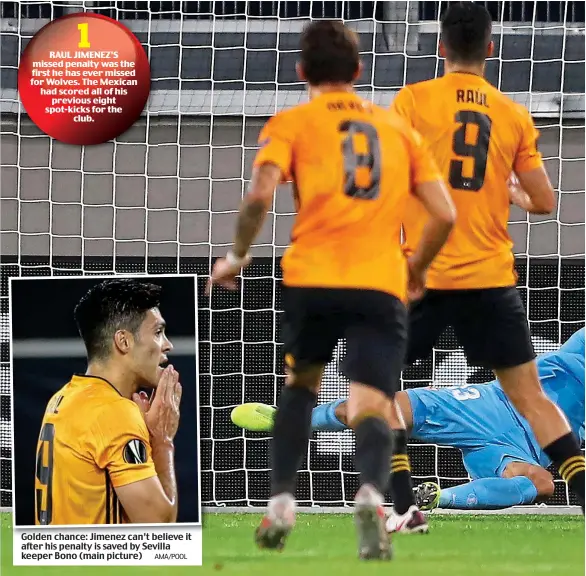  ?? AMA/POOL ?? Golden chance: Jimenez can’t believe it after his penalty is saved by Sevilla keeper Bono (main picture)