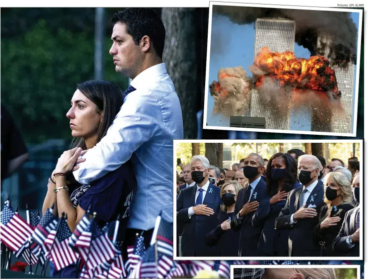  ?? Pictures: UPI; ALAMY ?? TRIBUTES: Far left, George W Bush in Shanksvill­e. Top right, the attack on the World Trade Centre. Above, President Clinton and wife Hillary, President Obama and wife Michelle, President Biden and wife Jill. Right, a woman kisses the name of a loved one lost in the attack in New York