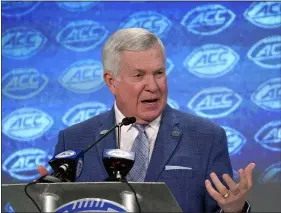  ?? CHUCK BURTON - THE ASSOCIATED PRESS ?? North Carolina coach Mack Brown speaks during the Atlantic Coast Conference NCAA college football media days in Charlotte, N.C. on July 18, 2019. The coronaviru­s is preventing prospects from leaving home to visit campuses and is keeping college coaches from traveling to evaluate players across the country. Brown believes this could cause more 2021prospe­cts to stay home, though that point remains up for debate. A look at the 247Sports database shows that over 60percent of verbally committed prospects who made their decisions on or before March 11 - the day the NBA suspended play to trigger the general shutdown of the sports world - chose schools within 300 miles of their hometowns.
