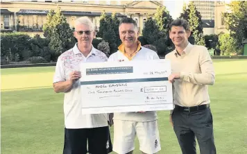  ??  ?? Cheltenham Open Singles Bowls Tournament at Suffolk Square, attracted 64 entries from 14 counties across England and Wales. Participan­ts included a number of internatio­nals and national champions. The winner was Nigel Cansdale from Fairford Bowling Club (centre) who collected the De Rose Wealth Management cheque for £1000. The runner up was Cheltenham Bowling Club’s David Heath who received £500