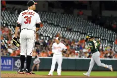  ?? KENNETH K. LAM/TRIBUNE NEWS SERVICE ?? Baltimore Orioles pitcher Ubaldo Jimenez, left, watches as the A's Ryon Healy rounds the bases after a two-run HR in Baltimore on Tuesday.