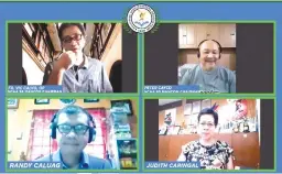  ??  ?? Screenshot of yesterday’s PSA Forum online session with NCAA executives Fr. Vic Calvo, upper left, of incoming host Letran and Peter Cayco , upper right, of Arellano University.