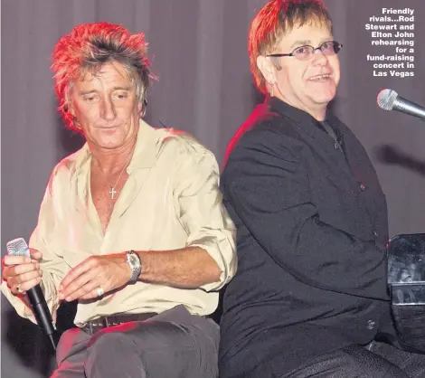  ?? Picture: KMAZUR/WIREIMAGE ?? Friendly rivals...Rod Stewart and Elton John rehearsing for a fund-raising concert in Las Vegas