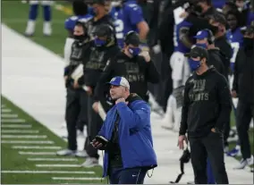  ?? SETH WENIG ?? New York Giants head coach Joe Judge, front left, reacts during the second half of an NFL football game against the Philadelph­ia Eagles, Sunday, Nov. 15, 2020, in East Rutherford, N. J.