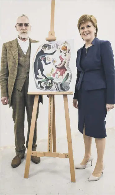  ??  ?? 0 John Byrne and Nicola Sturgeon with the artwork Say it With a Kiss
